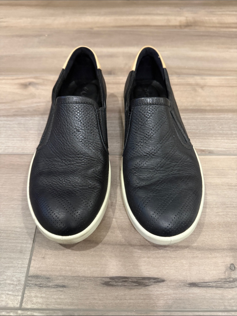 Women ECCO Slip-On Leather Loafers Shoes- Black